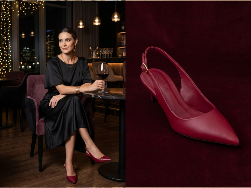 Look de festa com scarpin vinho: mulher de vestido preto acetinado em wine bar, ao lado do still do scarpin slingback vinho sobre veludo bordô