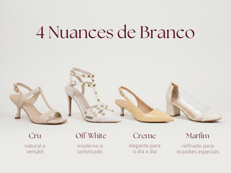 Infográfico com as quatro nuances de branco em calçados — cru, off-white, creme e marfim — e a indicação de uso de cada tom