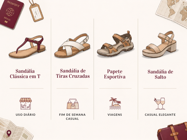Infográfico com os quatro tipos de papete feminina: clássica em T, tiras cruzadas, esportiva e de salto, com sugestão de uso para cada modelo