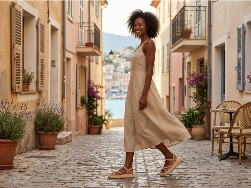 Mulher de vestido midi bege caminhando por rua de pedra em cidade litorânea usando papete feminina nude