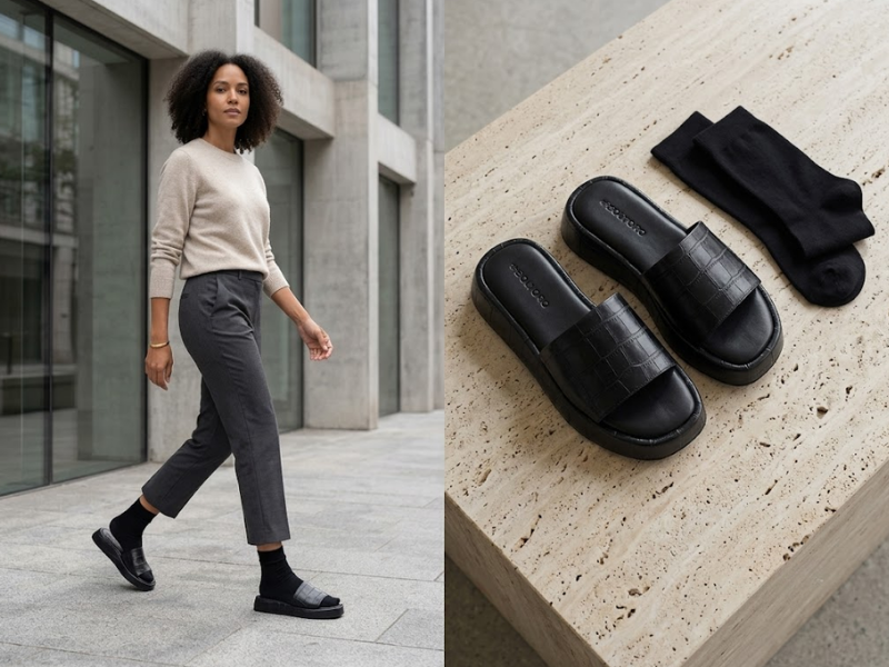 Look de meia-estação com papete feminina preta usada com meia preta, calça cropped cinza e tricô claro