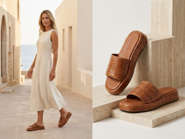 Look de verão com papete feminina marrom e vestido branco à beira-mar, ao lado do still do modelo em couro texturizado