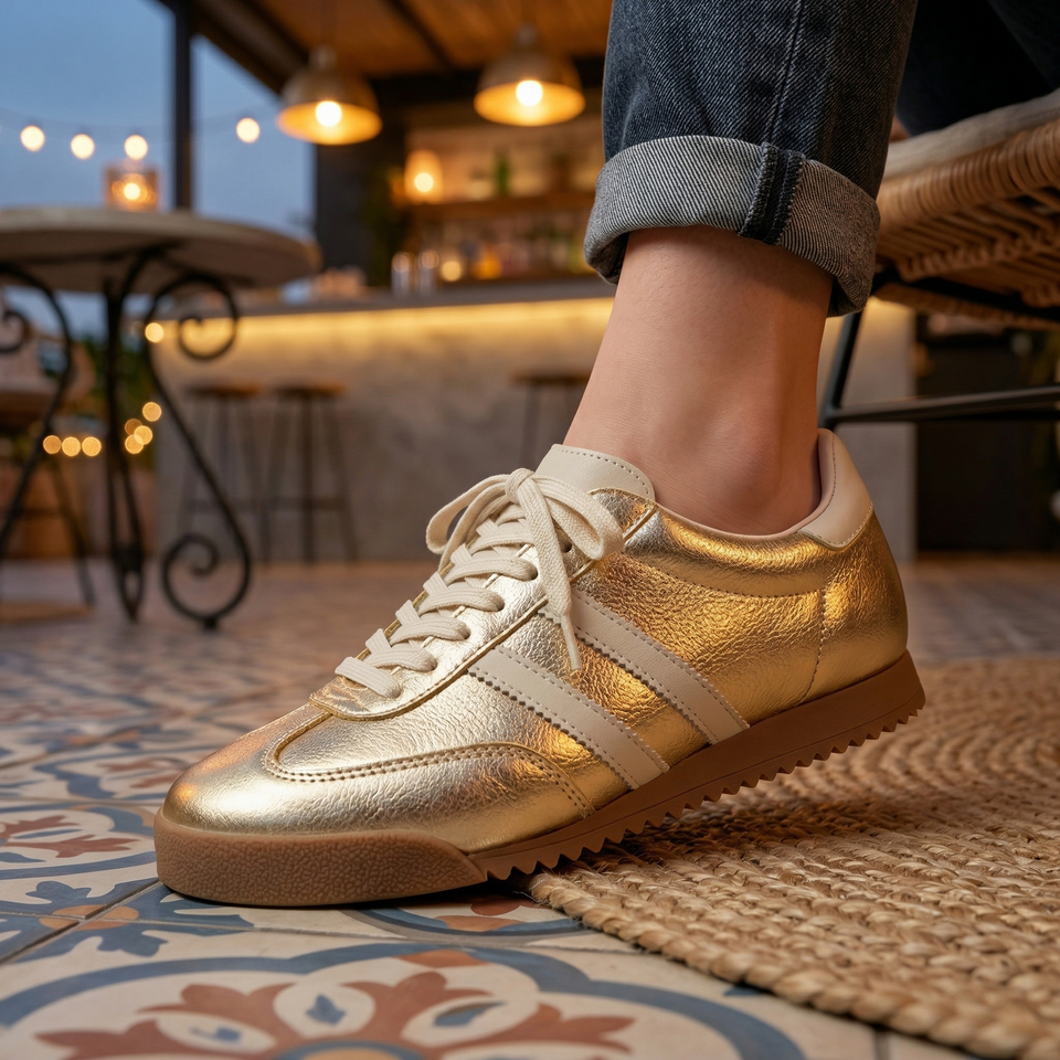 ゴールドメダル　17T Tênis Couro Legítimo Sem Salto Helen Dourado | Saltare – Saltare