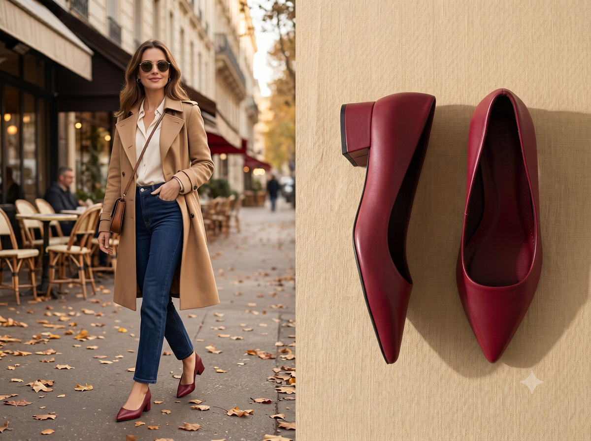 Look casual com scarpin vinho: mulher de trench coat camel e jeans em rua de outono, ao lado do still do scarpin vinho de salto bloco