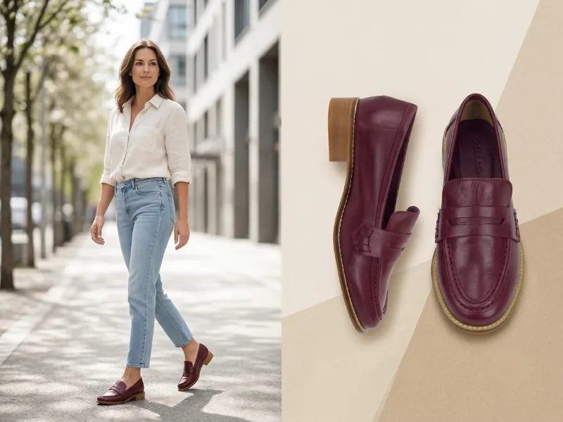 Look casual com jeans claro e mocassim feminino bordô estilo penny loafer, ao lado do par em couro