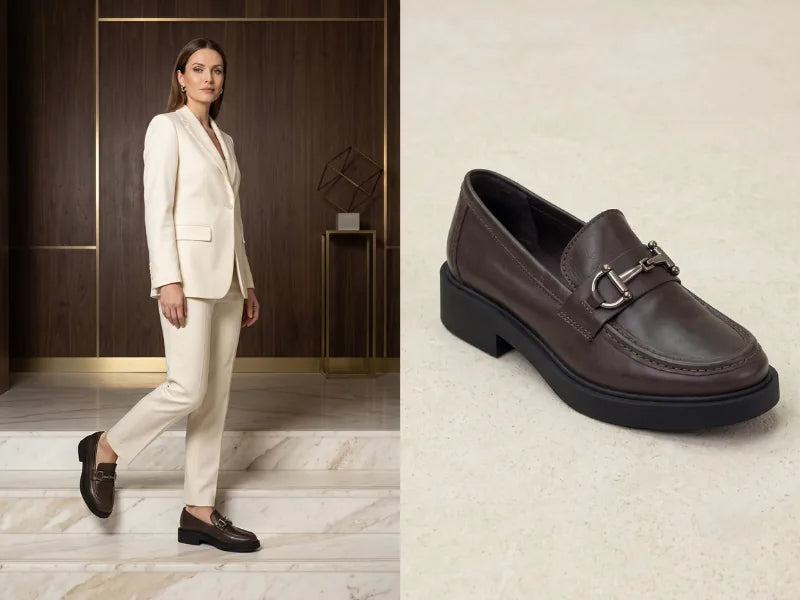 Look formal com terninho off white e mocassim feminino marrom escuro com fivela prateada, ao lado do par em couro
