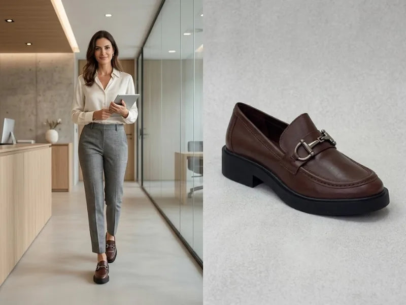 Look de trabalho com calça de alfaiataria cinza e mocassim feminino marrom com fivela prateada, ao lado do par em couro