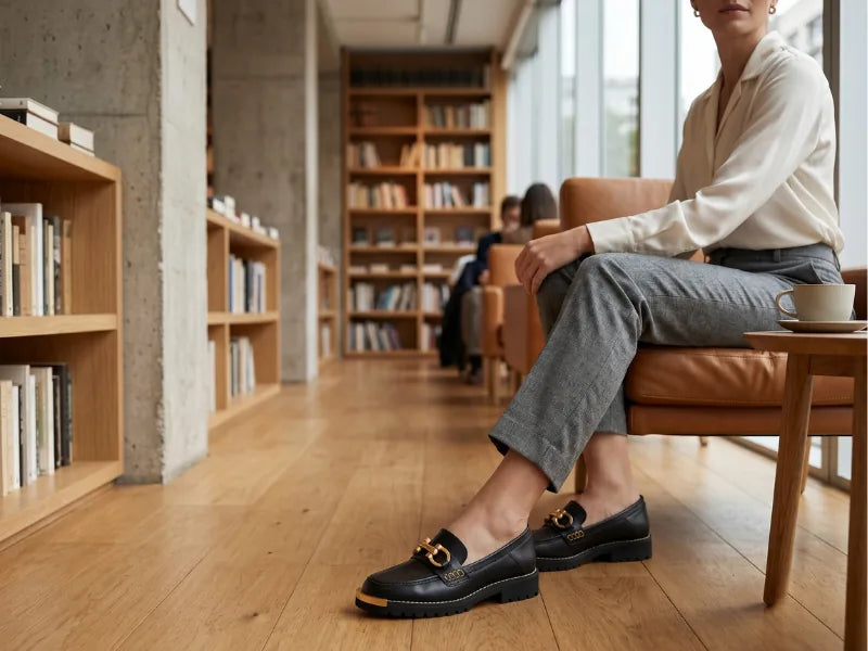 Mocassim feminino preto com fivela dourada e solado tratorado, usado com calça xadrez cinza em uma livraria
