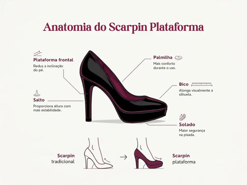 Infográfico da anatomia do scarpin plataforma: plataforma frontal, salto, palmilha, bico e solado
