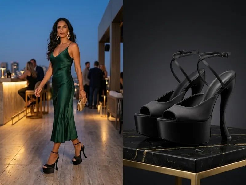 Look de festa com vestido verde de cetim e scarpin plataforma preto de meia pata