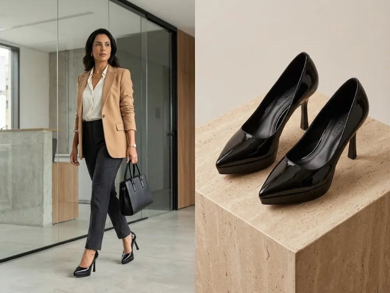 Look de trabalho com blazer caramelo e scarpin plataforma preto envernizado de bico fino