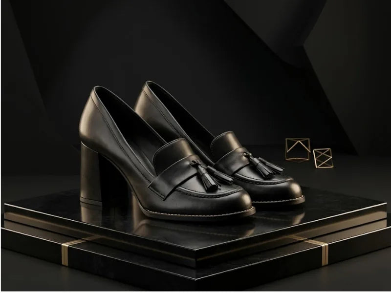 Scarpin plataforma preto de salto bloco com tassel, em composição editorial preta e dourada